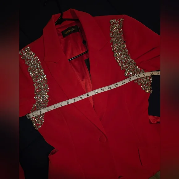 Fashion Nova Red Embellished Shoulder Blazer & Flared Pants - Picture 3 of 6